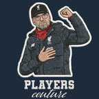 Jurgen Klopp Badge Men's Hoodie – navy close-up detail shot of the Jurgen Klopp Players Couture logo design