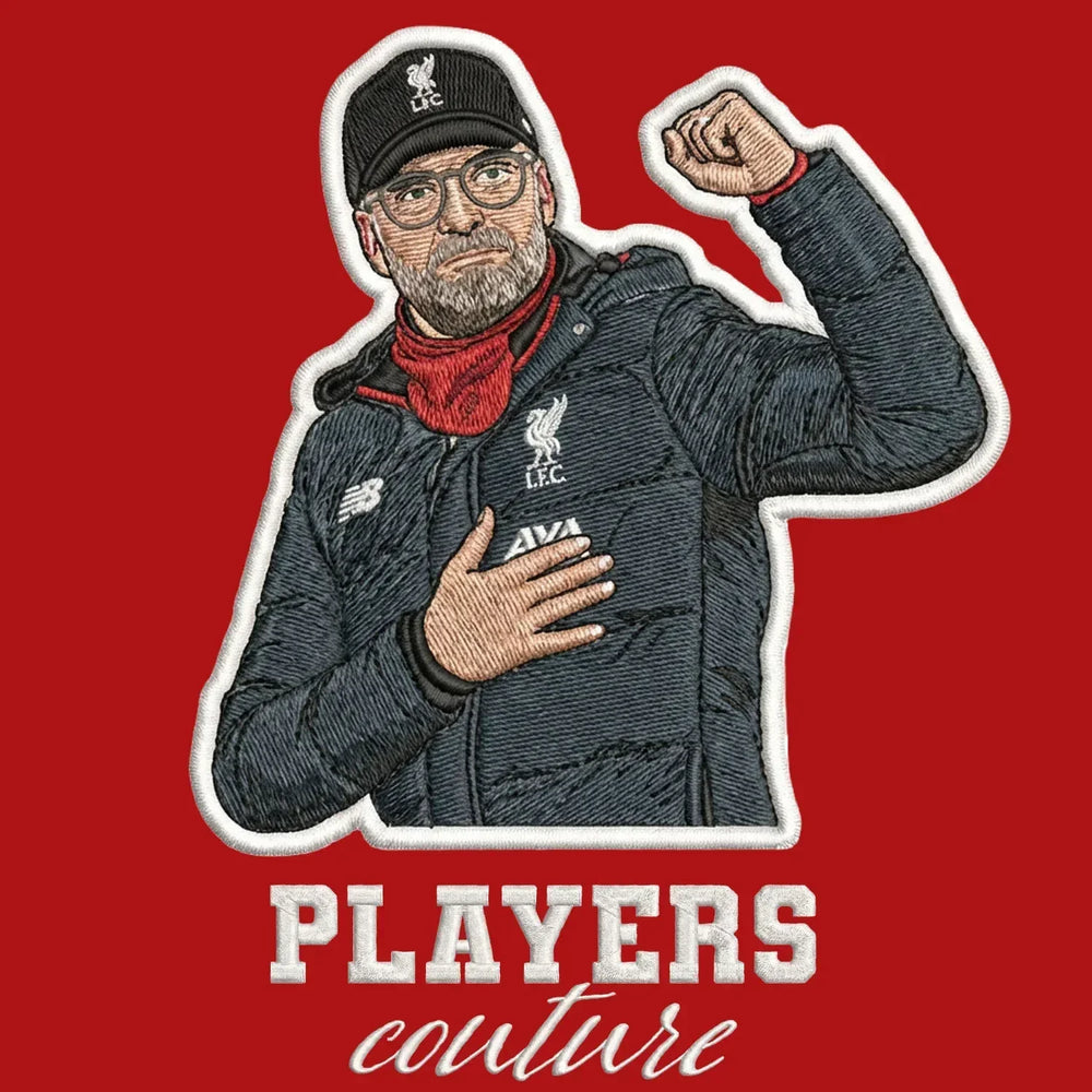 Jurgen Klopp Badge Men's Hoodie – red close-up detail shot of the Jurgen Klopp Players Couture logo design