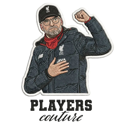 Jurgen Klopp Badge Men's Hoodie – white close-up detail shot of the Jurgen Klopp Players Couture logo design