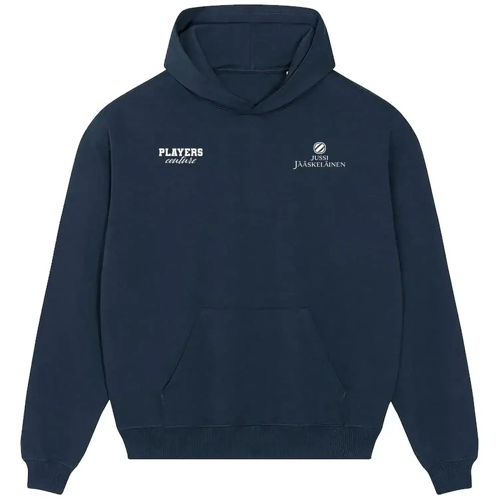 Jussi Jaaskelainen hoodie – navy men's hoodie featuring the Jussi Jaaskelainen Players Couture logo