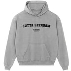 Jutta Leerdam hoodie – grey men's hoodie with black Jutta Leerdam letters and Players Couture logo on the chest