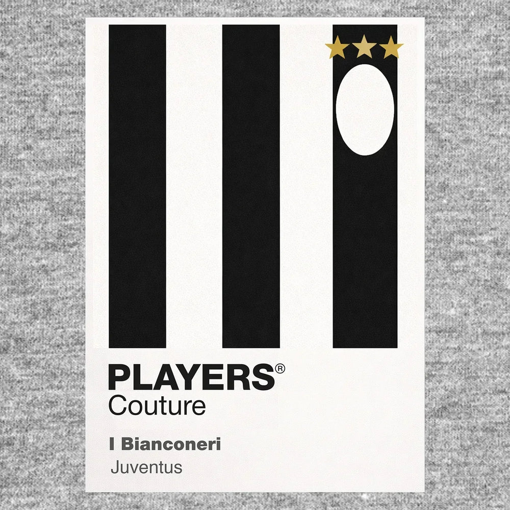 Juventus Classic Football Shirt Colours Frame Men's T-Shirt – grey close-up detail shot of the Juventus Players Couture logo