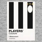 Juventus Classic Football Shirt Colours Frame Men's T-Shirt – grey close-up detail shot of the Juventus Players Couture logo