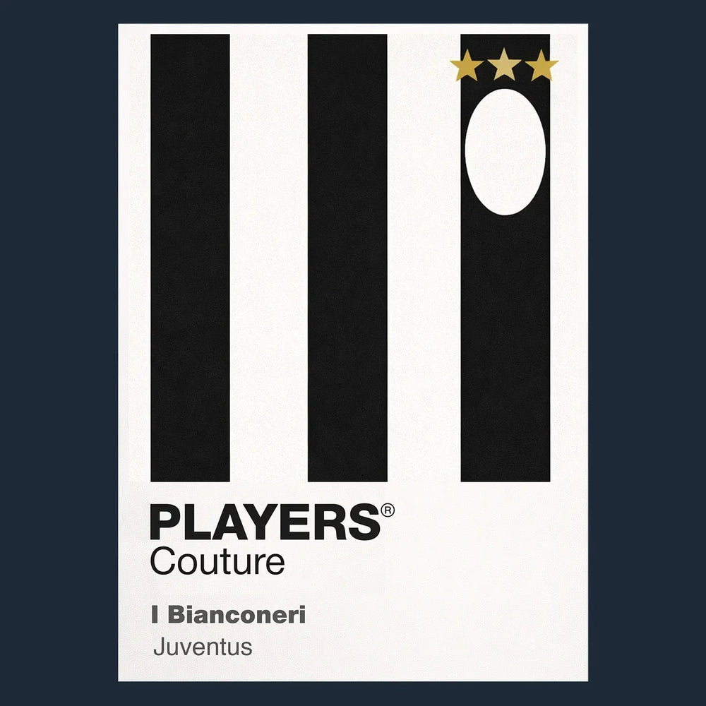 Juventus Classic Football Shirt Colours Frame Men's T-Shirt – navy close-up detail shot of the Juventus Players Couture logo