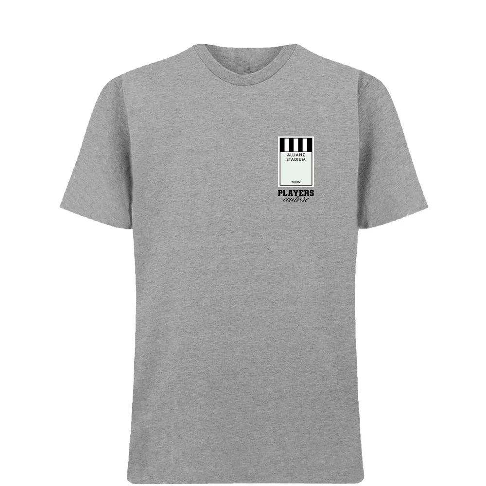 Juventus Monopoly Card t-shirt – close-up of white Juventus Monopoly Card lettering and Players Couture logo on the chest