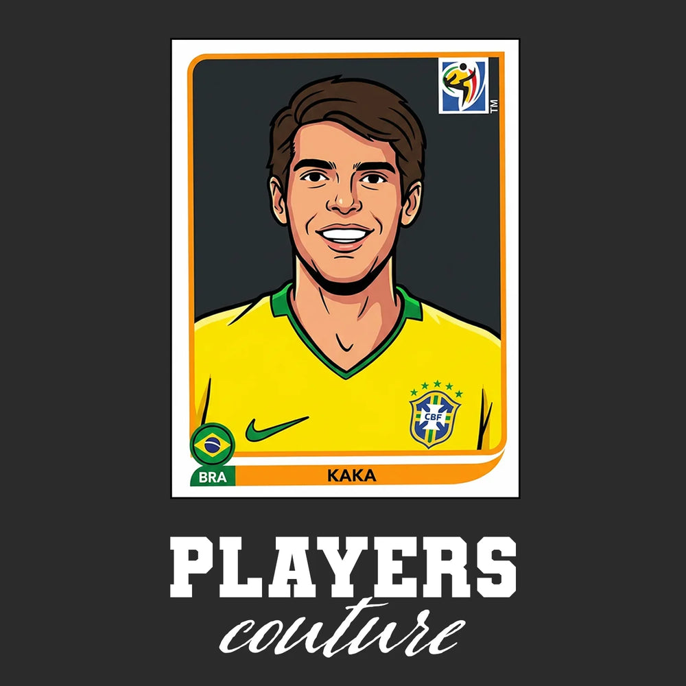 Kaka World Cup Sticker Men's T-Shirt – black close-up detail shot of the Kaka World Cup Players Couture logo design