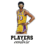 Kareem Abdul Jabbar Badge Men's Hoodie – white close-up detail shot of the Kareem Abdul Jabbar Players Couture logo design