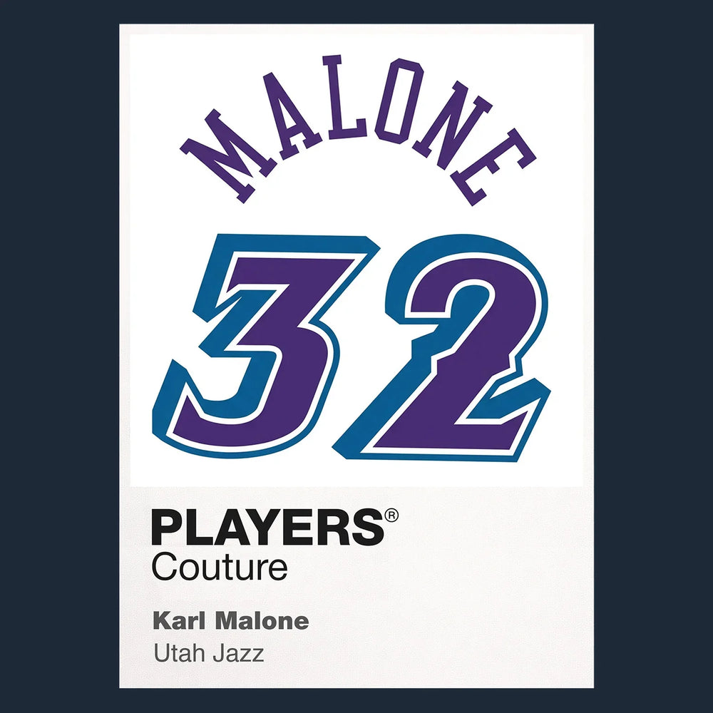 Karl Malone 32 Jersey Frame Men's T-Shirt – navy close-up detail shot of the Karl Malone 32 Players Couture logo design