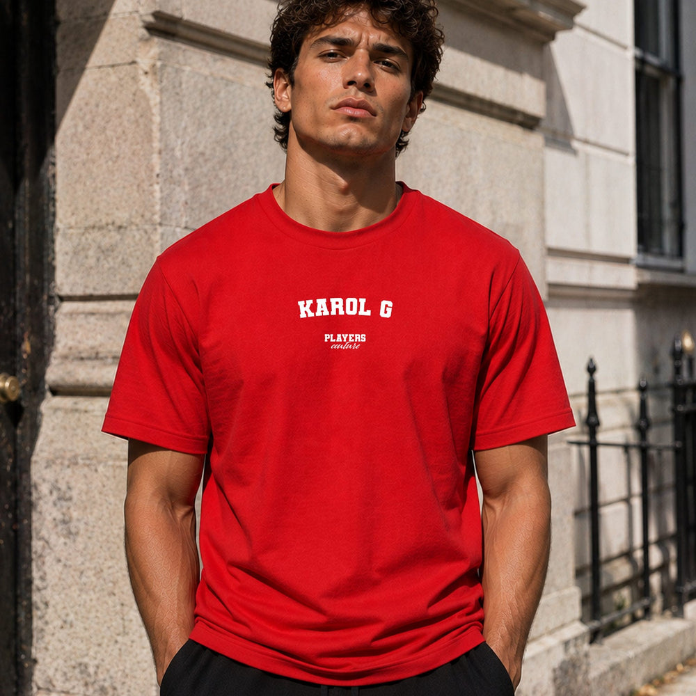 Karol G Men's T-Shirt — lifestyle photo, Red t-shirt