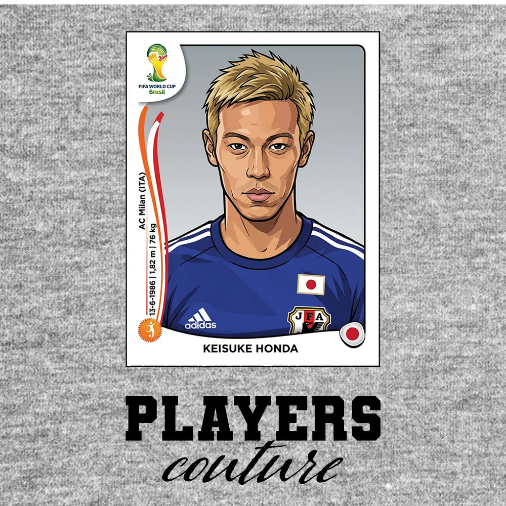Keisuke Honda World Cup Sticker Men's T-Shirt – grey close-up detail shot of the Keisuke Honda World Cup Players Couture