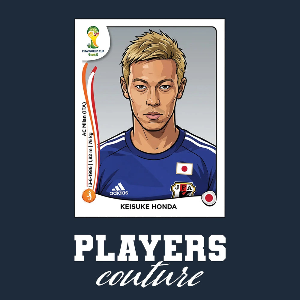 Keisuke Honda World Cup Sticker Men's T-Shirt – navy close-up detail shot of the Keisuke Honda World Cup Players Couture