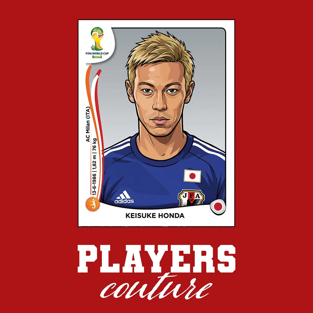 Keisuke Honda World Cup Sticker Men's T-Shirt – red close-up detail shot of the Keisuke Honda World Cup Players Couture logo