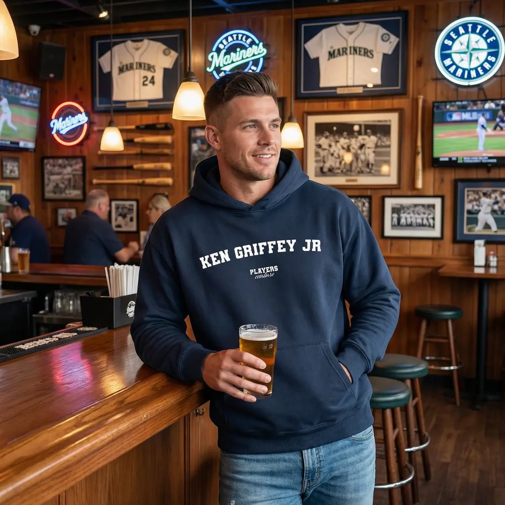 Ken Griffey Jr hoodie – navy men's hoodie with white Ken Griffey Jr letters and Players Couture logo on the chest