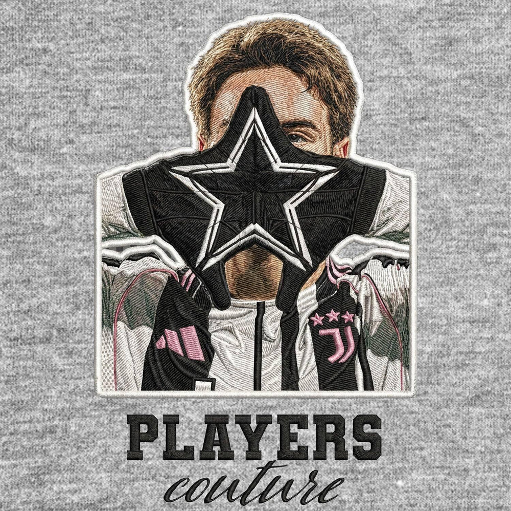 Kenan Yildiz Badge Men's Hoodie – grey close-up detail shot of the Kenan Yildiz Players Couture logo design