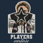 Kenan Yildiz Badge Men's Hoodie – navy close-up detail shot of the Kenan Yildiz Players Couture logo design