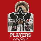 Kenan Yildiz Badge Men's Hoodie – red close-up detail shot of the Kenan Yildiz Players Couture logo design