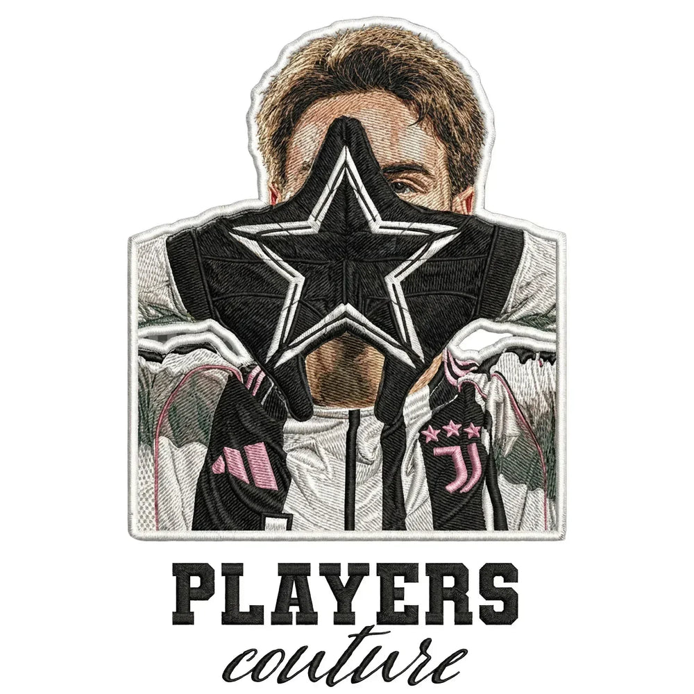 Kenan Yildiz Badge Men's Hoodie – white close-up detail shot of the Kenan Yildiz Players Couture logo design