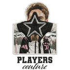 Kenan Yildiz Badge Men's Hoodie – white close-up detail shot of the Kenan Yildiz Players Couture logo design