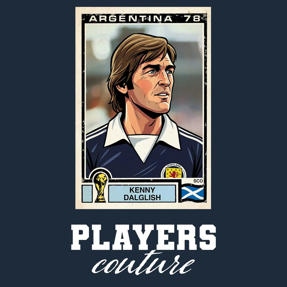 Kenny Dalglish 1978 World Cup Sticker Men's T-Shirt – navy close-up detail shot of the Kenny Dalglish 1978 World Cup Players