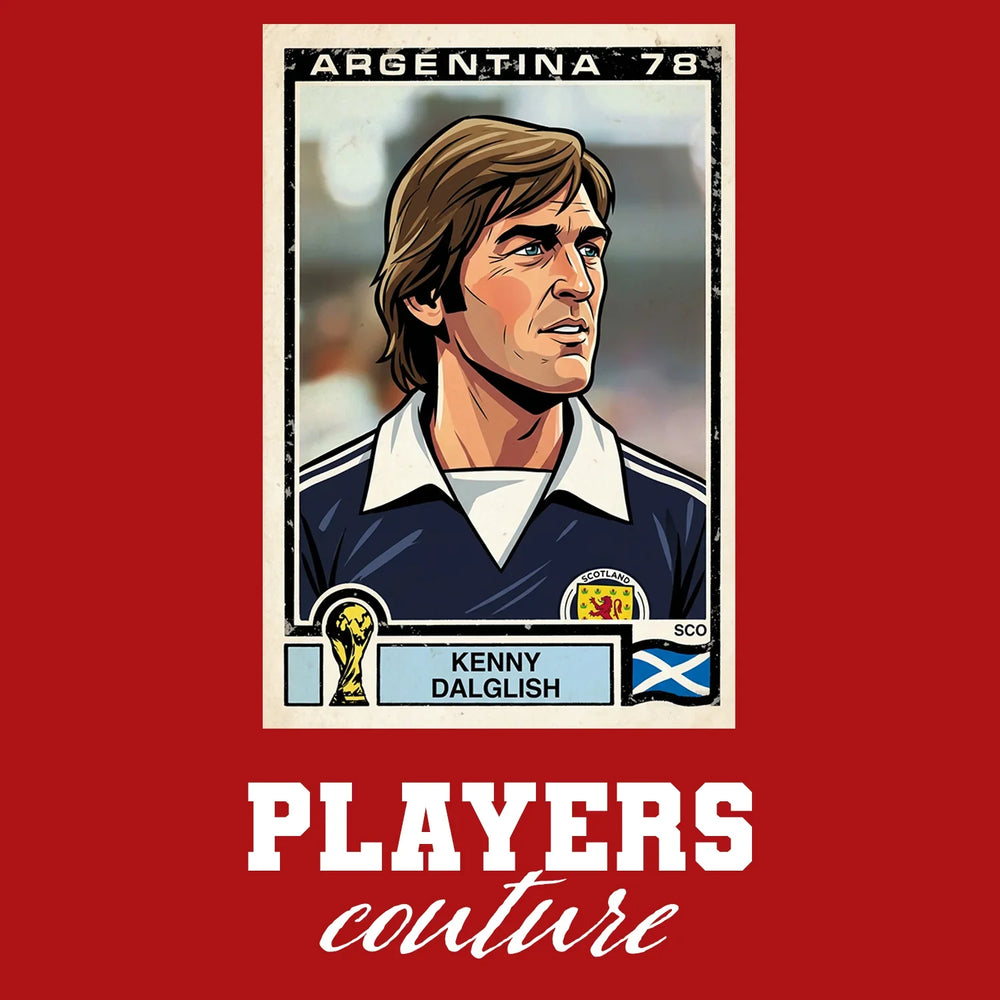 Kenny Dalglish 1978 World Cup Sticker Men's T-Shirt – red close-up detail shot of the Kenny Dalglish 1978 World Cup Players