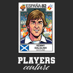 Kenny Dalglish 1982 World Cup Sticker Men's T-Shirt – black close-up detail shot of the Kenny Dalglish 1982 World Cup