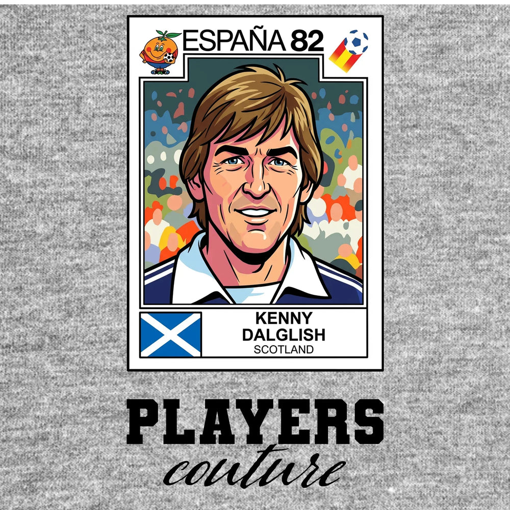 Kenny Dalglish 1982 World Cup Sticker Men's T-Shirt – grey close-up detail shot of the Kenny Dalglish 1982 World Cup Players