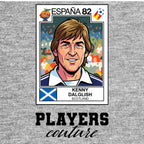 Kenny Dalglish 1982 World Cup Sticker Men's T-Shirt – grey close-up detail shot of the Kenny Dalglish 1982 World Cup Players
