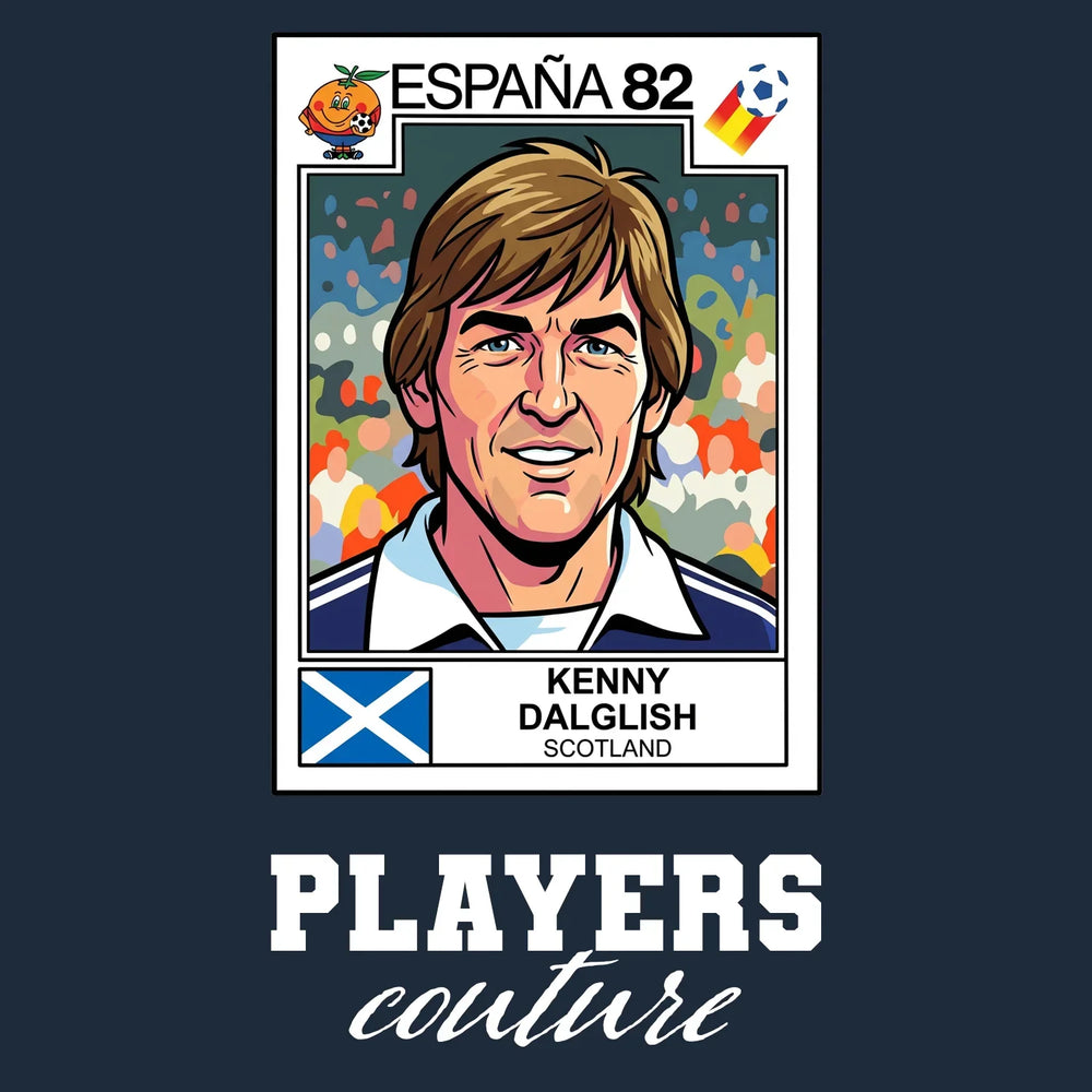 Kenny Dalglish 1982 World Cup Sticker Men's T-Shirt – navy close-up detail shot of the Kenny Dalglish 1982 World Cup Players