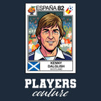 Kenny Dalglish 1982 World Cup Sticker Men's T-Shirt – navy close-up detail shot of the Kenny Dalglish 1982 World Cup Players