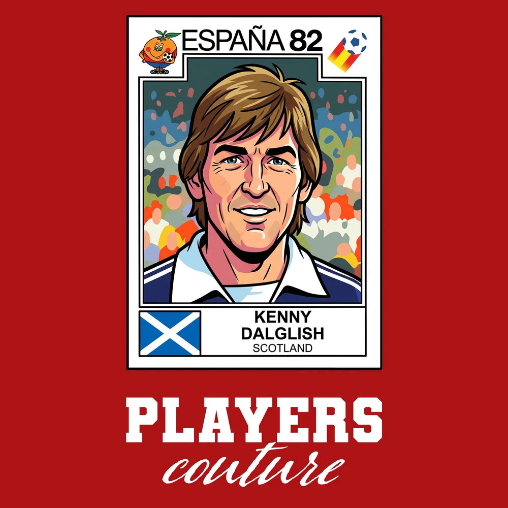 Kenny Dalglish 1982 World Cup Sticker Men's T-Shirt – red close-up detail shot of the Kenny Dalglish 1982 World Cup Players