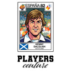 Kenny Dalglish 1982 World Cup Sticker Men's T-Shirt – white close-up detail shot of the Kenny Dalglish Players Couture logo