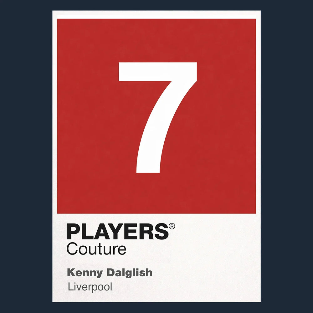 Kenny Dalglish 7 Football Shirt Frame Men's Hoodie – navy close-up detail shot of the Kenny Dalglish Players Couture logo