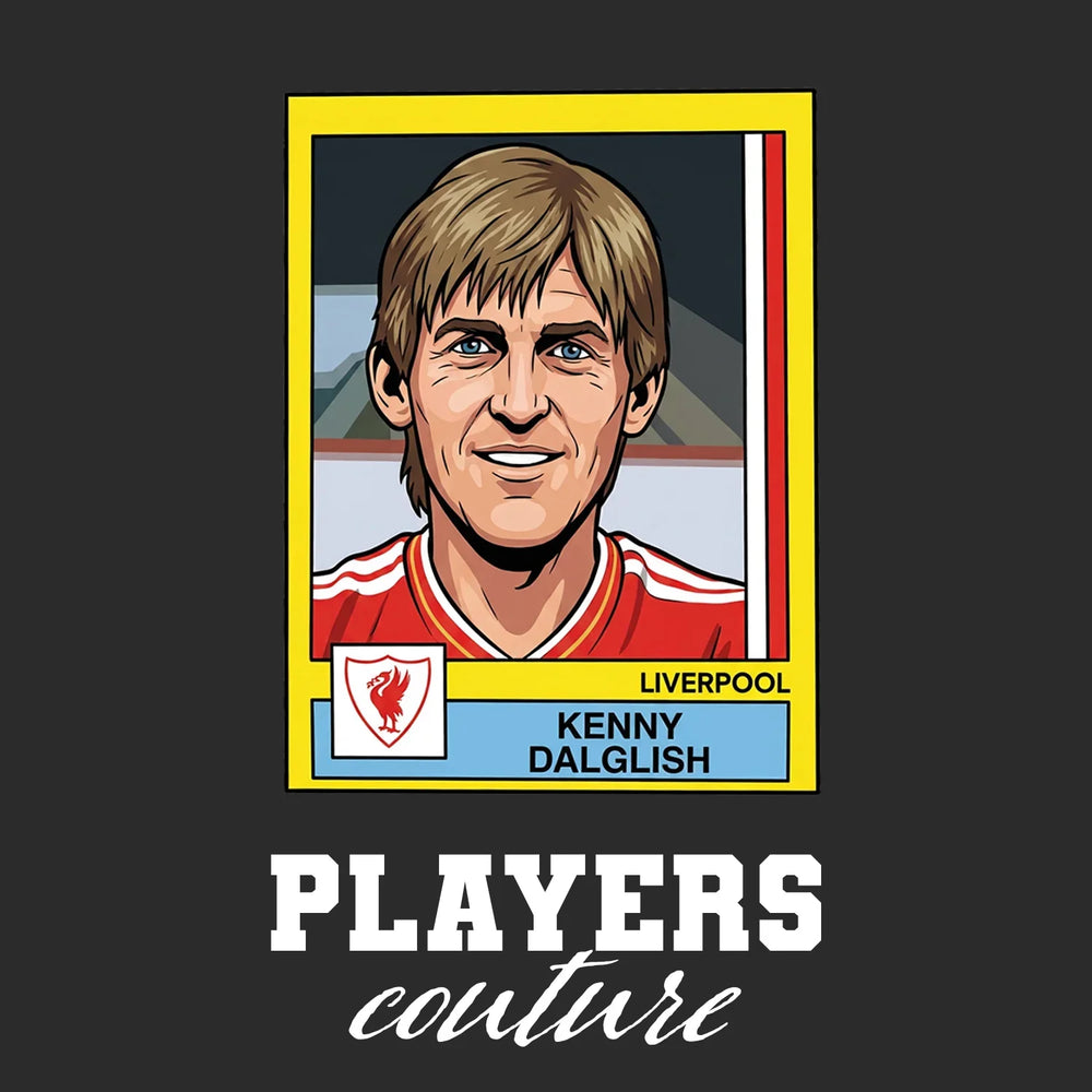 Kenny Dalglish Liverpool Sticker Men's T-Shirt – black close-up detail shot of the Kenny Dalglish Liverpool Players Couture