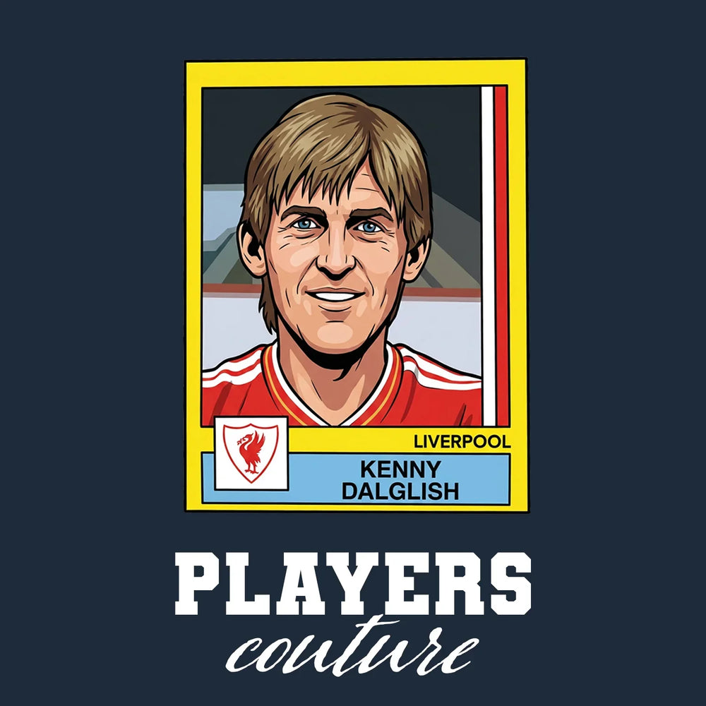 Kenny Dalglish Liverpool Sticker Men's T-Shirt – navy close-up detail shot of the Kenny Dalglish Liverpool Players Couture