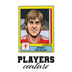 Kenny Dalglish Liverpool Sticker Men's T-Shirt – white close-up detail shot of the Kenny Dalglish Players Couture logo design