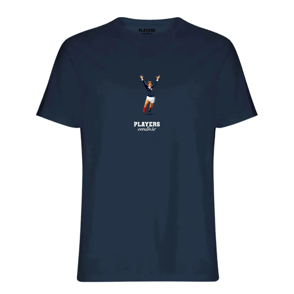 Kenny Dalglish Icon t-shirt – navy men's t-shirt with white Kenny Dalglish Icon letters and Players Couture logo on the chest