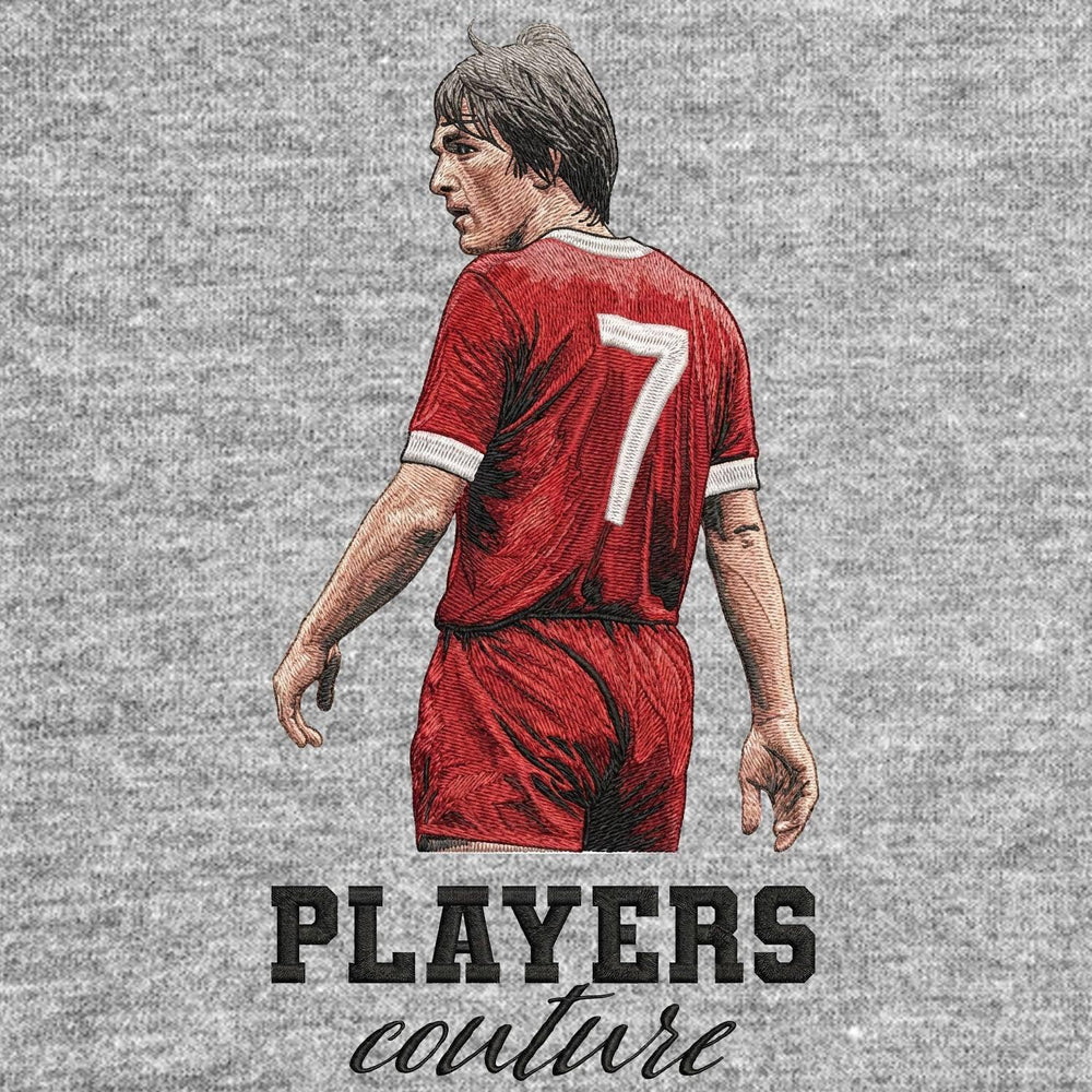 Kenny Dalglish Badge Men's Hoodie – grey close-up detail shot of the Kenny Dalglish Players Couture logo design