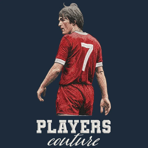 Kenny Dalglish Badge Men's Hoodie – navy close-up detail shot of the Kenny Dalglish Players Couture logo design