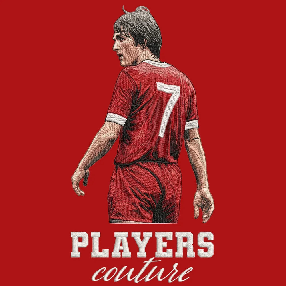Kenny Dalglish Badge Men's Hoodie – red close-up detail shot of the Kenny Dalglish Players Couture logo design