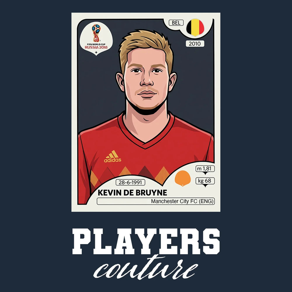 Kevin De Bruyne World Cup Sticker Men's T-Shirt – navy close-up detail shot of the Kevin De Bruyne World Cup Players Couture