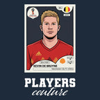 Kevin De Bruyne World Cup Sticker Men's T-Shirt – navy close-up detail shot of the Kevin De Bruyne World Cup Players Couture