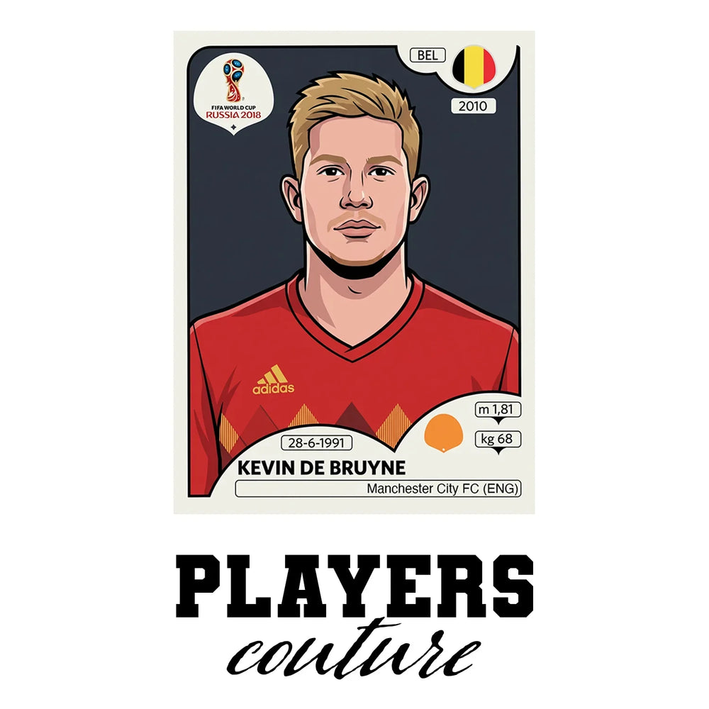Kevin De Bruyne World Cup Sticker Men's T-Shirt – white close-up detail shot of the Kevin De Bruyne Players Couture logo