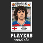 Kevin Keegan World Cup Sticker Men's T-Shirt – black close-up detail shot of the Kevin Keegan World Cup Players Couture logo