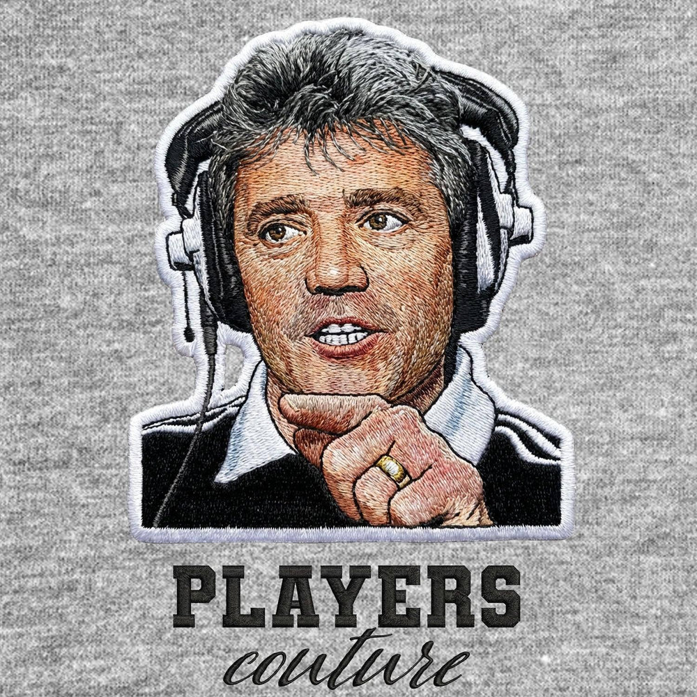 Kevin Keegan Love It Badge Men's Hoodie – grey close-up detail shot of the Kevin Keegan Players Couture logo design