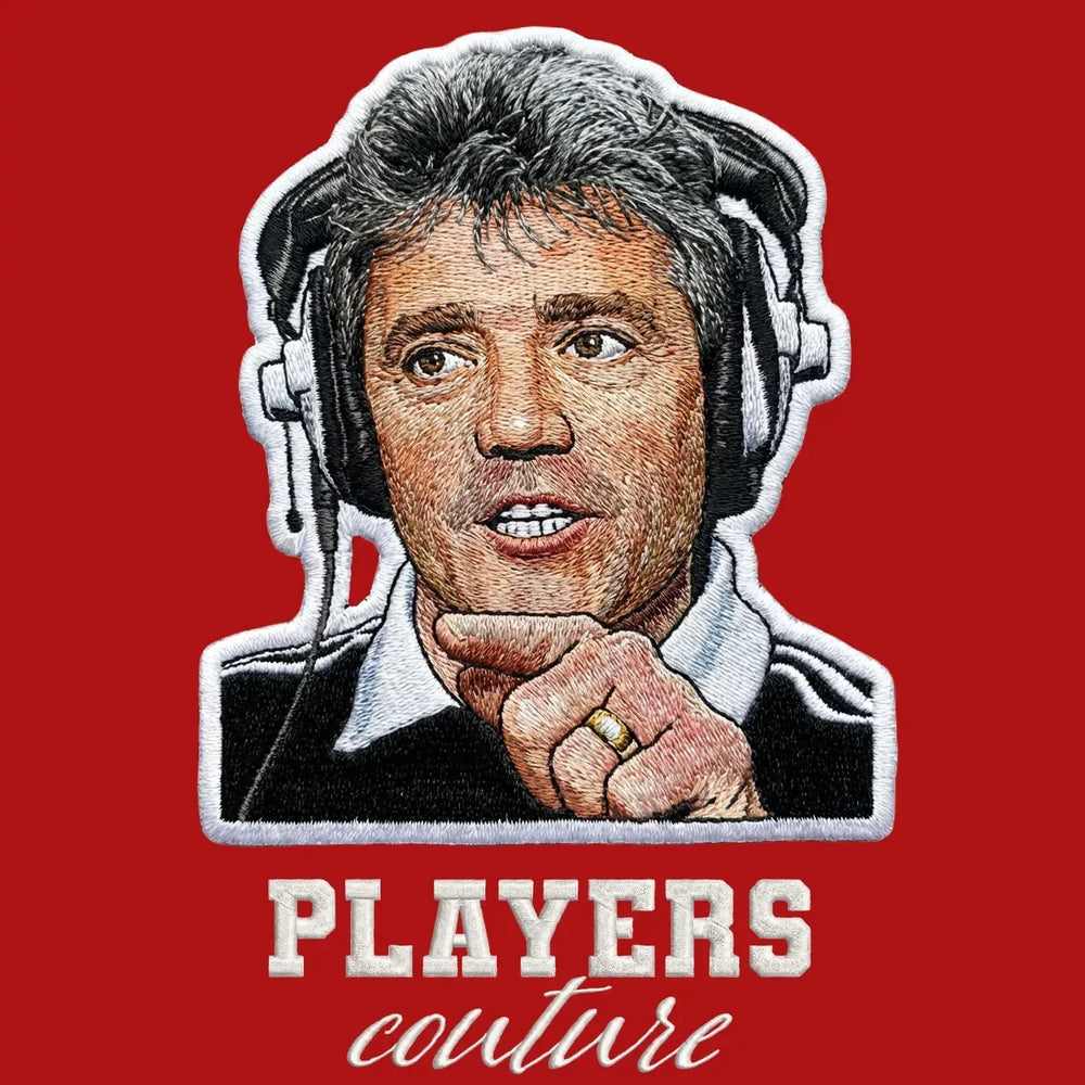 Kevin Keegan Love It Badge Men's Hoodie – red close-up detail shot of the Kevin Keegan Love It Players Couture logo design