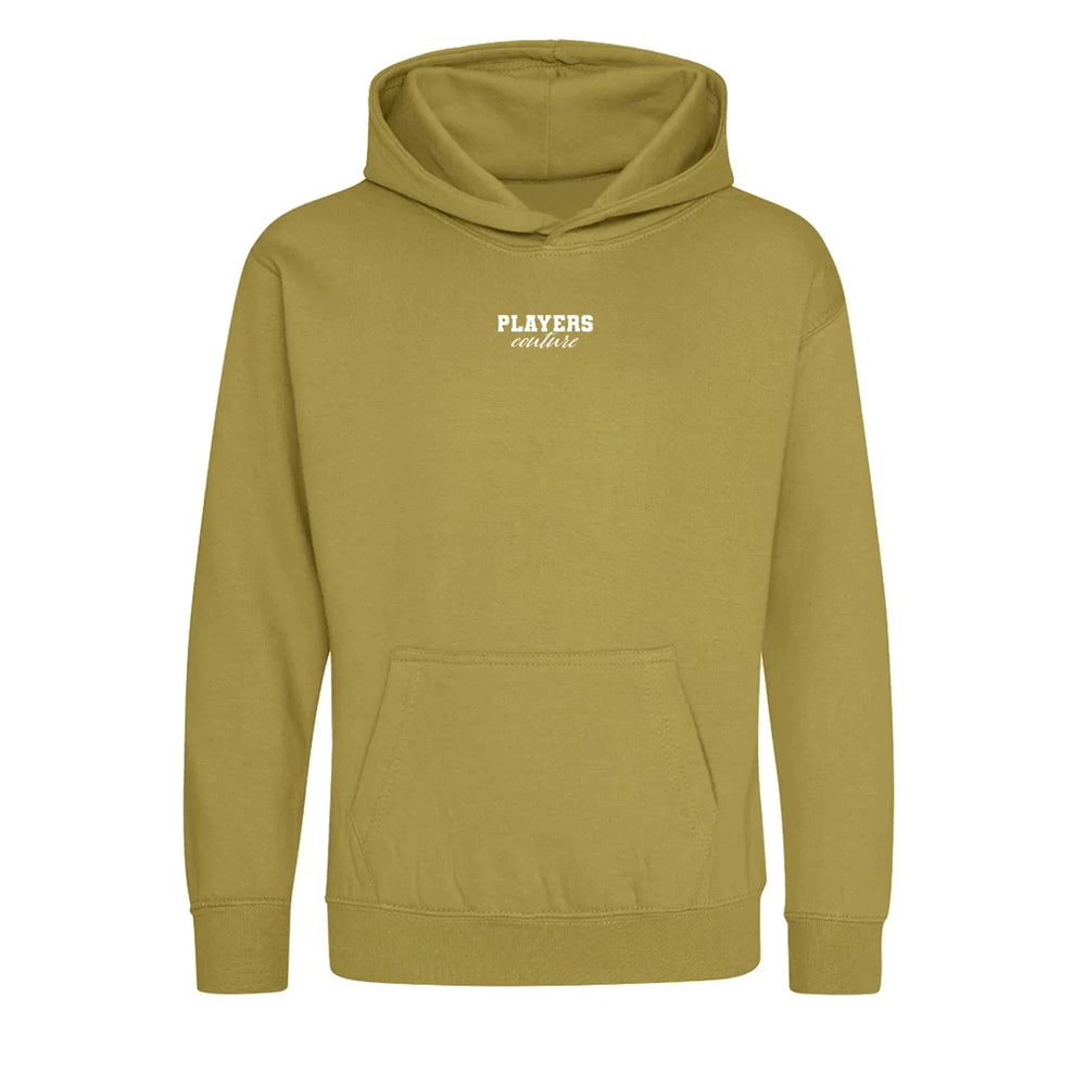 Essentials Collection hoodie – white kids' hoodie with black Essentials Collection letters and Players Couture logo on the