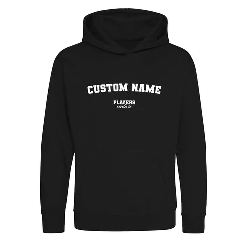 Custom Name hoodie – white kids' hoodie with black Custom Name letters and Players Couture logo on the chest