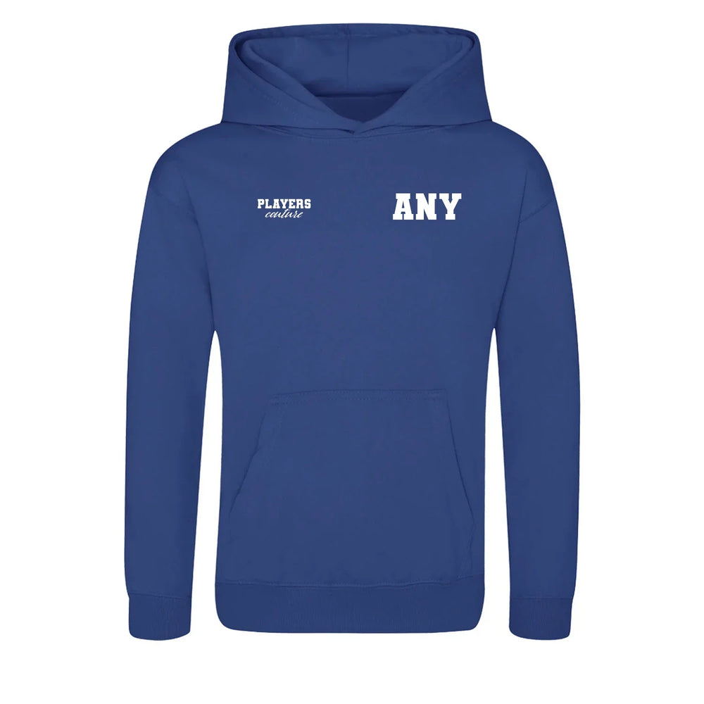 Custom Create Initials hoodie – white kids' hoodie with black Custom Create Initials letters and Players Couture logo on the