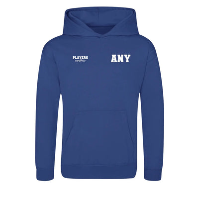 Custom Create Initials hoodie – white kids' hoodie with black Custom Create Initials letters and Players Couture logo on the