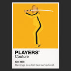 Kill Bill the Bride in yellow motorcycle suit carrying a Hattori Hanzo sword Icon Frame artwork in black